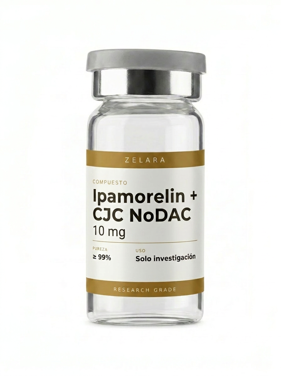 Vial liofilizado 10 mg de Ipamorelin + CJC-1295 No-DAC 10 mg — combinación de secretagogo y análogo ghrh diseñada para investigación sinérgica del eje somatotropo