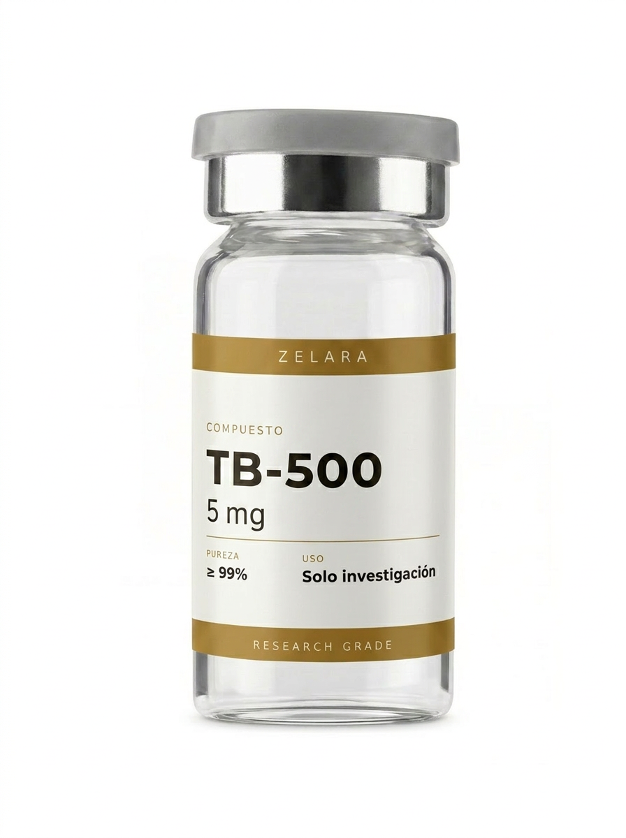 Vial liofilizado 5 mg de TB-500 (Thymosin Beta 4) 5 mg — fragmento relacionado con timosina beta-4 para investigación de migración celular y recuperación de tejidos
